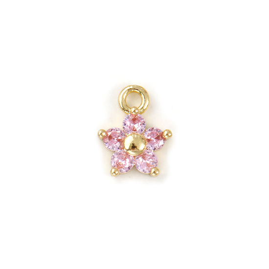 Picture of 2 PCs Brass Birthstone Charms Wholesale 18K Real Gold Plated October Flower Mini Light Pink Cubic Zirconia 10mm x 8mm