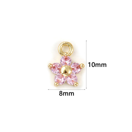 Picture of 2 PCs Brass Birthstone Charms Wholesale 18K Real Gold Plated October Flower Mini Light Pink Cubic Zirconia 10mm x 8mm