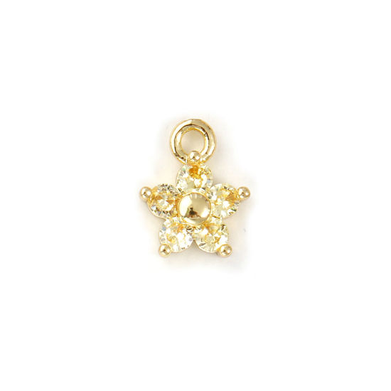 Picture of 2 PCs Brass Birthstone Charms Wholesale 18K Real Gold Plated November Flower Mini Yellow Cubic Zirconia 10mm x 8mm