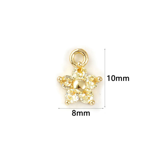 Picture of 2 PCs Brass Birthstone Charms Wholesale 18K Real Gold Plated November Flower Mini Yellow Cubic Zirconia 10mm x 8mm