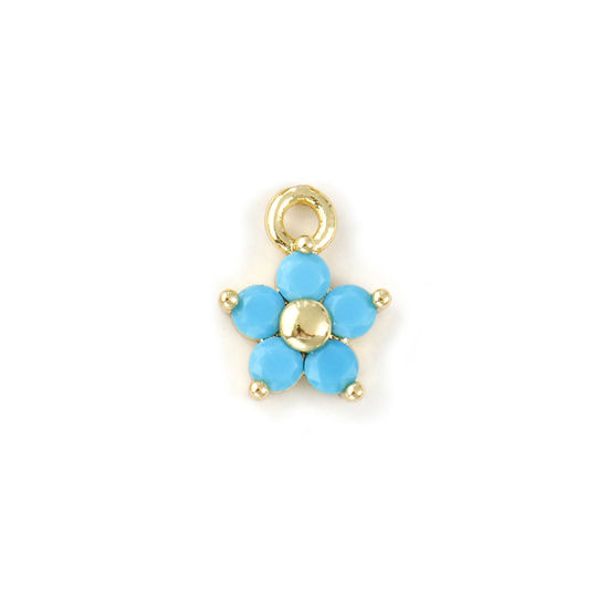 Picture of 2 PCs Brass Birthstone Charms Wholesale 18K Real Gold Plated December Flower Mini Light Blue Cubic Zirconia 10mm x 8mm