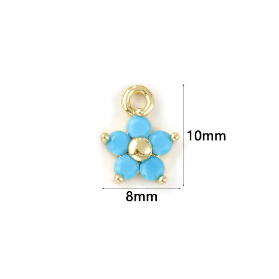 Picture of 2 PCs Brass Birthstone Charms Wholesale 18K Real Gold Plated December Flower Mini Light Blue Cubic Zirconia 10mm x 8mm