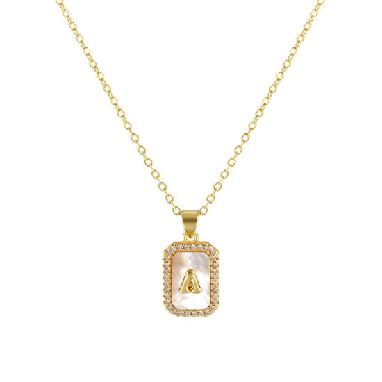 Image de 18K Real Gold Plated Link Cable Chain Octagon Pendant Charm Necklace, Natural Shell & Brass 46cm(18.1") + 6cm(2.4"), For Women, Clear Cubic Zirconia Message " A " White Micro Pave, Retro Capital Alphabet Initial Letter Name Gift, Eco-friendly, 1 Piece