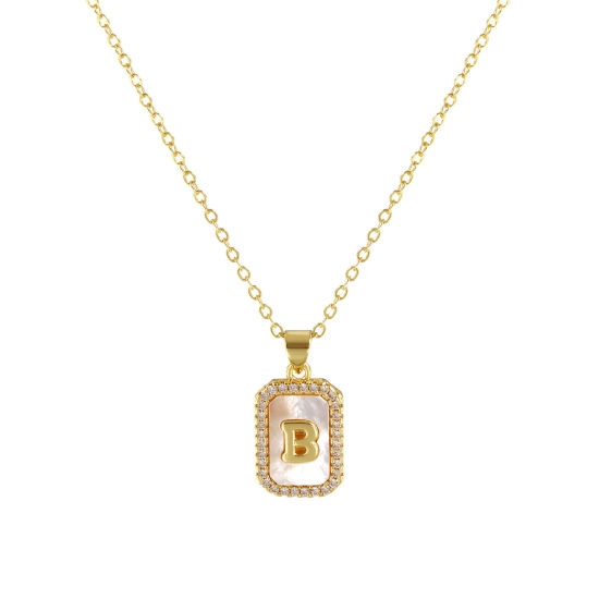 Image de 18K Real Gold Plated Link Cable Chain Octagon Pendant Charm Necklace, Natural Shell & Brass 46cm(18.1") + 6cm(2.4"), For Women, Clear Cubic Zirconia Message " B " White Micro Pave, Retro Capital Alphabet Initial Letter Name Gift, Eco-friendly, 1 Piece
