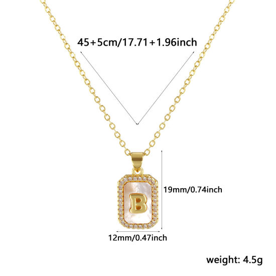 Image de 18K Real Gold Plated Link Cable Chain Octagon Pendant Charm Necklace, Natural Shell & Brass 46cm(18.1") + 6cm(2.4"), For Women, Clear Cubic Zirconia Message " B " White Micro Pave, Retro Capital Alphabet Initial Letter Name Gift, Eco-friendly, 1 Piece