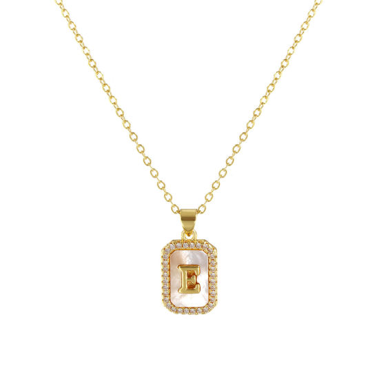 Image de 18K Real Gold Plated Link Cable Chain Octagon Pendant Charm Necklace, Natural Shell & Brass 46cm(18.1") + 6cm(2.4"), For Women, Clear Cubic Zirconia Message " E " White Micro Pave, Retro Capital Alphabet Initial Letter Name Gift, Eco-friendly, 1 Piece