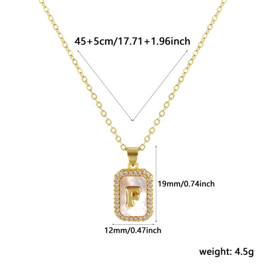 Image de 18K Real Gold Plated Link Cable Chain Octagon Pendant Charm Necklace, Natural Shell & Brass 46cm(18.1") + 6cm(2.4"), For Women, Clear Cubic Zirconia Message " F " White Micro Pave, Retro Capital Alphabet Initial Letter Name Gift, Eco-friendly, 1 Piece