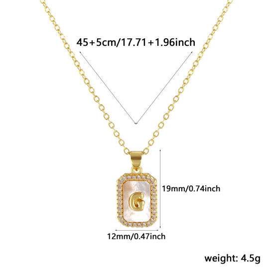 Image de 18K Real Gold Plated Link Cable Chain Octagon Pendant Charm Necklace, Natural Shell & Brass 46cm(18.1") + 6cm(2.4"), For Women, Clear Cubic Zirconia Message " G " White Micro Pave, Retro Capital Alphabet Initial Letter Name Gift, Eco-friendly, 1 Piece