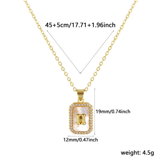 Image de 18K Real Gold Plated Link Cable Chain Octagon Pendant Charm Necklace, Natural Shell & Brass 46cm(18.1") + 6cm(2.4"), For Women, Clear Cubic Zirconia Message " H " White Micro Pave, Retro Capital Alphabet Initial Letter Name Gift, Eco-friendly, 1 Piece
