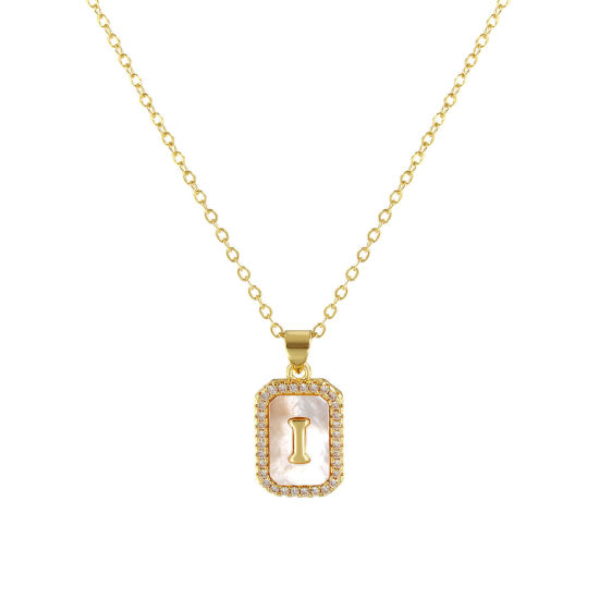 Image de 18K Real Gold Plated Link Cable Chain Octagon Pendant Charm Necklace, Natural Shell & Brass 46cm(18.1") + 6cm(2.4"), For Women, Clear Cubic Zirconia Message " I " White Micro Pave, Retro Capital Alphabet Initial Letter Name Gift, Eco-friendly, 1 Piece