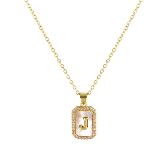 Image de 18K Real Gold Plated Link Cable Chain Octagon Pendant Charm Necklace, Natural Shell & Brass 46cm(18.1") + 6cm(2.4"), For Women, Clear Cubic Zirconia Message " J " White Micro Pave, Retro Capital Alphabet Initial Letter Name Gift, Eco-friendly, 1 Piece