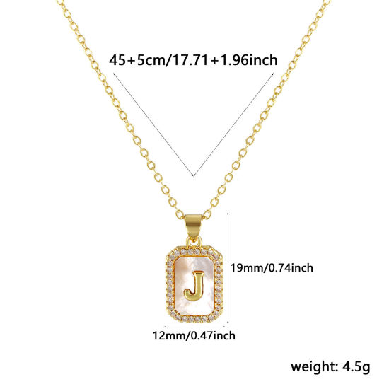 Image de 18K Real Gold Plated Link Cable Chain Octagon Pendant Charm Necklace, Natural Shell & Brass 46cm(18.1") + 6cm(2.4"), For Women, Clear Cubic Zirconia Message " J " White Micro Pave, Retro Capital Alphabet Initial Letter Name Gift, Eco-friendly, 1 Piece