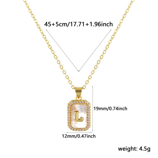Image de 18K Real Gold Plated Link Cable Chain Octagon Pendant Charm Necklace, Natural Shell & Brass 46cm(18.1") + 6cm(2.4"), For Women, Clear Cubic Zirconia Message " L " White Micro Pave, Retro Capital Alphabet Initial Letter Name Gift, Eco-friendly, 1 Piece