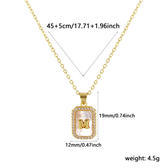 Image de 18K Real Gold Plated Link Cable Chain Octagon Pendant Charm Necklace, Natural Shell & Brass 46cm(18.1") + 6cm(2.4"), For Women, Clear Cubic Zirconia Message " M " White Micro Pave, Retro Capital Alphabet Initial Letter Name Gift, Eco-friendly, 1 Piece
