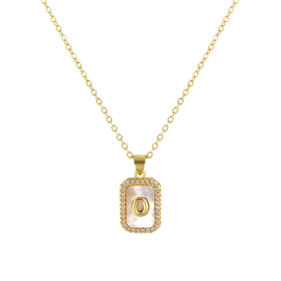 Image de 18K Real Gold Plated Link Cable Chain Octagon Pendant Charm Necklace, Natural Shell & Brass 46cm(18.1") + 6cm(2.4"), For Women, Clear Cubic Zirconia Message " O " White Micro Pave, Retro Capital Alphabet Initial Letter Name Gift, Eco-friendly, 1 Piece