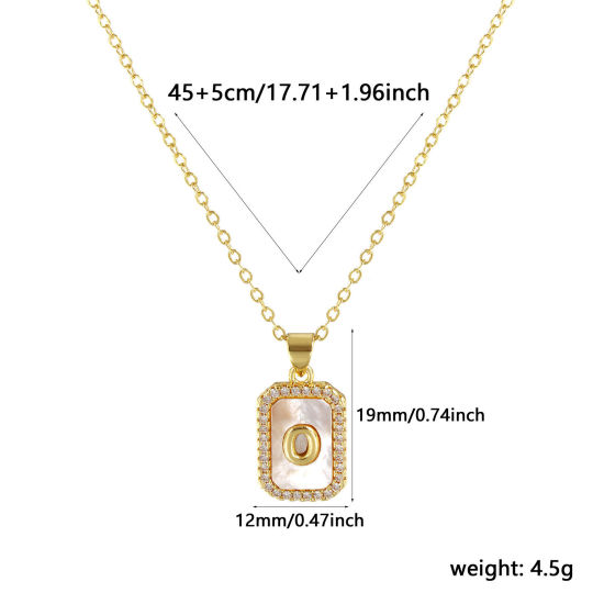 Image de 18K Real Gold Plated Link Cable Chain Octagon Pendant Charm Necklace, Natural Shell & Brass 46cm(18.1") + 6cm(2.4"), For Women, Clear Cubic Zirconia Message " O " White Micro Pave, Retro Capital Alphabet Initial Letter Name Gift, Eco-friendly, 1 Piece