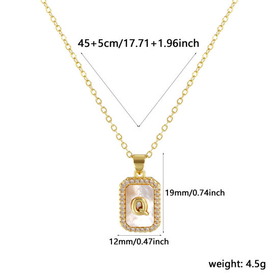 Image de 18K Real Gold Plated Link Cable Chain Octagon Pendant Charm Necklace, Natural Shell & Brass 46cm(18.1") + 6cm(2.4"), For Women, Clear Cubic Zirconia Message " Q " White Micro Pave, Retro Capital Alphabet Initial Letter Name Gift, Eco-friendly, 1 Piece