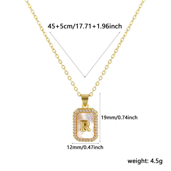 Image de 18K Real Gold Plated Link Cable Chain Octagon Pendant Charm Necklace, Natural Shell & Brass 46cm(18.1") + 6cm(2.4"), For Women, Clear Cubic Zirconia Message " R " White Micro Pave, Retro Capital Alphabet Initial Letter Name Gift, Eco-friendly, 1 Piece