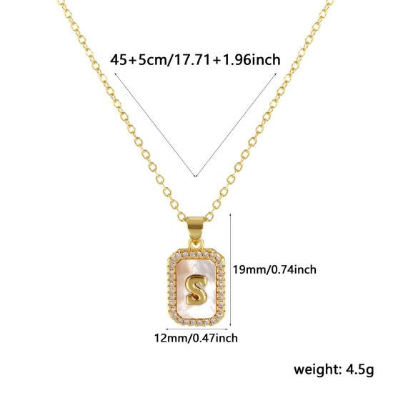 Image de 18K Real Gold Plated Link Cable Chain Octagon Pendant Charm Necklace, Natural Shell & Brass 46cm(18.1") + 6cm(2.4"), For Women, Clear Cubic Zirconia Message " S " White Micro Pave, Retro Capital Alphabet Initial Letter Name Gift, Eco-friendly, 1 Piece