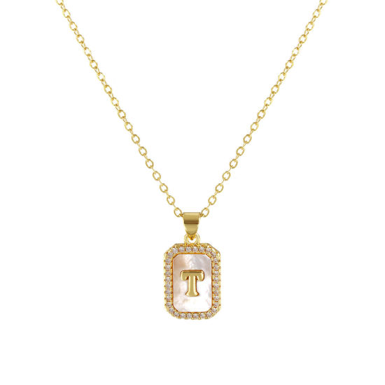 Image de 18K Real Gold Plated Link Cable Chain Octagon Pendant Charm Necklace, Natural Shell & Brass 46cm(18.1") + 6cm(2.4"), For Women, Clear Cubic Zirconia Message " T " White Micro Pave, Retro Capital Alphabet Initial Letter Name Gift, Eco-friendly, 1 Piece