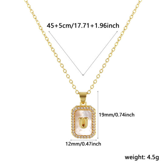 Image de 18K Real Gold Plated Link Cable Chain Octagon Pendant Charm Necklace, Natural Shell & Brass 46cm(18.1") + 6cm(2.4"), For Women, Clear Cubic Zirconia Message " U " White Micro Pave, Retro Capital Alphabet Initial Letter Name Gift, Eco-friendly, 1 Piece