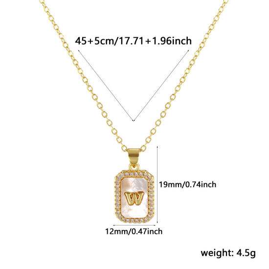 Image de 18K Real Gold Plated Link Cable Chain Octagon Pendant Charm Necklace, Natural Shell & Brass 46cm(18.1") + 6cm(2.4"), For Women, Clear Cubic Zirconia Message " W " White Micro Pave, Retro Capital Alphabet Initial Letter Name Gift, Eco-friendly, 1 Piece