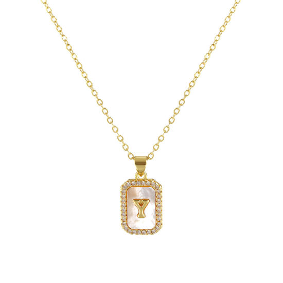 Image de 18K Real Gold Plated Link Cable Chain Octagon Pendant Charm Necklace, Natural Shell & Brass 46cm(18.1") + 6cm(2.4"), For Women, Clear Cubic Zirconia Message " Y " White Micro Pave, Retro Capital Alphabet Initial Letter Name Gift, Eco-friendly, 1 Piece