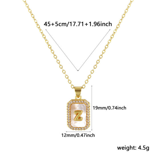 Image de 18K Real Gold Plated Link Cable Chain Octagon Pendant Charm Necklace, Natural Shell & Brass 46cm(18.1") + 6cm(2.4"), For Women, Clear Cubic Zirconia Message " Z " White Micro Pave, Retro Capital Alphabet Initial Letter Name Gift, Eco-friendly, 1 Piece