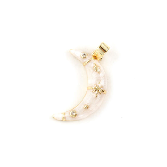 Picture of 2 PCs Eco-friendly Brass Galaxy Charm Pendant 18K Real Gold Plated Creamy-White Enamel Half Moon Star Pearlized Clear Cubic Zirconia 24mm x 12mm
