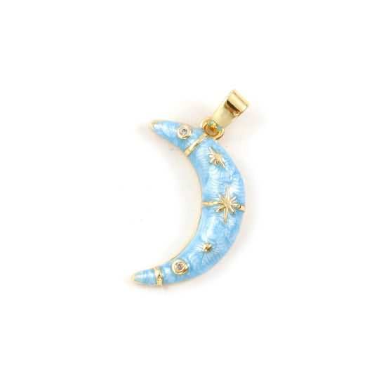Picture of 2 PCs Eco-friendly Brass Galaxy Charm Pendant 18K Real Gold Plated Blue Enamel Half Moon Star Pearlized Clear Cubic Zirconia 24mm x 12mm