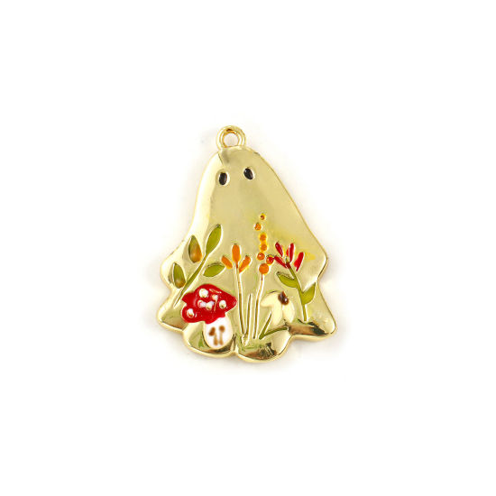 Picture of 1 Piece Brass Charms 18K Gold Plated Multicolor Enamel Halloween Ghost Mushroom 25.5mm x 19mm