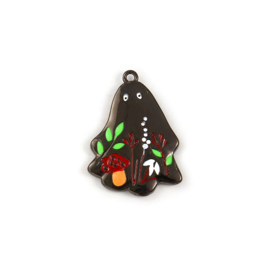 Picture of 1 Piece Brass Charms Black Enamel Halloween Ghost Mushroom 25.5mm x 19mm