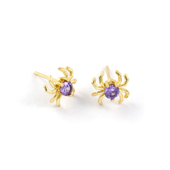 1 Pair Stylish Exquisite 18K Gold Plated Purple Brass & Cubic Zirconia Halloween Spider Animal Ear Post Stud Earrings For Women Gift 10mm x 10mm, Post/ Wire Size: 0.8mm(20 gauge) の画像