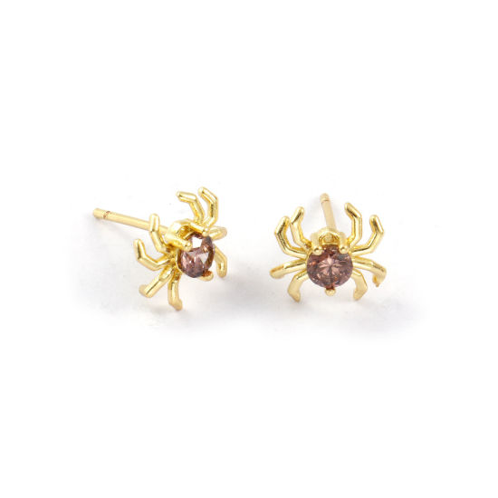1 Pair Stylish Exquisite 18K Gold Plated Puce Brass & Cubic Zirconia Halloween Spider Animal Ear Post Stud Earrings For Women Gift 10mm x 10mm, Post/ Wire Size: 0.8mm(20 gauge) の画像
