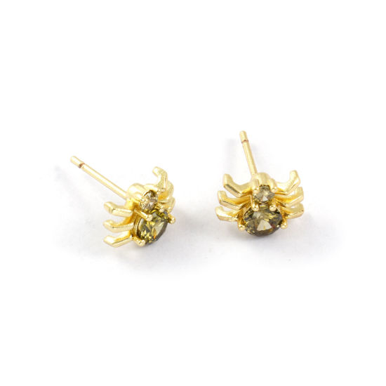 1 Pair Stylish Exquisite 18K Gold Plated Olive Green Brass & Cubic Zirconia Halloween Spider Animal Ear Post Stud Earrings For Women Gift 10mm x 7.5mm, Post/ Wire Size: 0.8mm(20 gauge) の画像