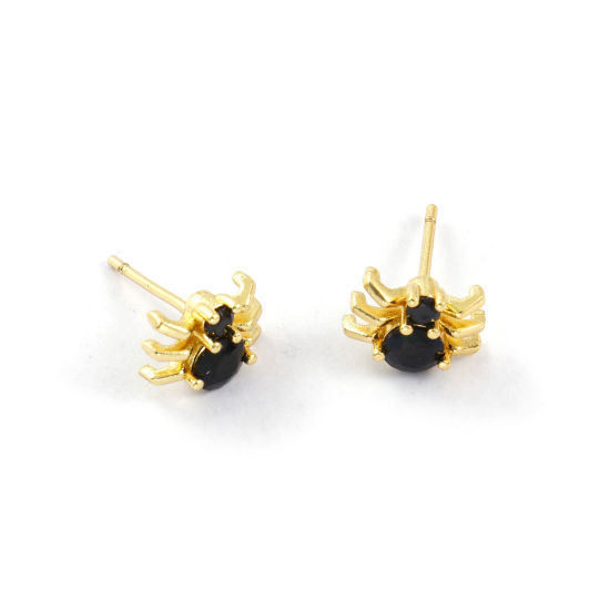 1 Pair Stylish Exquisite 18K Gold Plated Black Brass & Cubic Zirconia Halloween Spider Animal Ear Post Stud Earrings For Women Gift 10mm x 7.5mm, Post/ Wire Size: 0.8mm(20 gauge) の画像