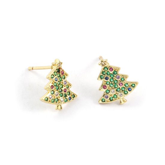 1 Pair Sweet & Cute Exquisite 18K Gold Plated Multicolor Brass & Cubic Zirconia Christmas Tree Micro Pave Ear Post Stud Earrings For Women Gift 14mm x 12mm, Post/ Wire Size: 0.8mm(20 gauge) の画像