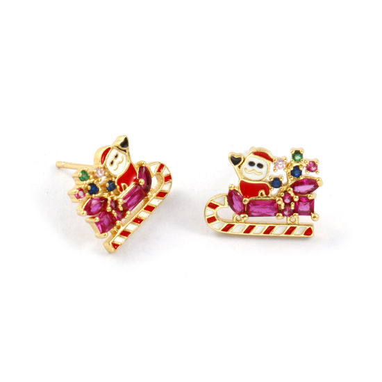 1 Pair Sweet & Cute Exquisite 18K Gold Plated Multicolor Brass & Cubic Zirconia Christmas Santa Claus Micro Pave Ear Post Stud Earrings For Women Gift 15mm x 12mm, Post/ Wire Size: 0.8mm(20 gauge) の画像