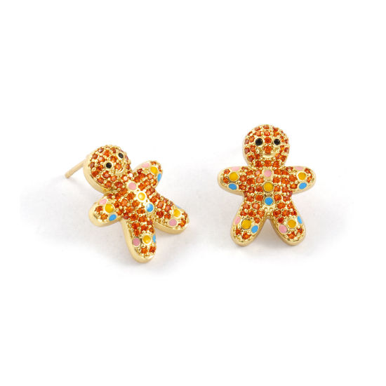 1 Pair Sweet & Cute Exquisite 18K Gold Plated Multicolor Brass & Cubic Zirconia Christmas Ginger Bread Man Micro Pave Ear Post Stud Earrings For Women Gift 18mm x 15mm, Post/ Wire Size: 0.8mm(20 gauge) の画像