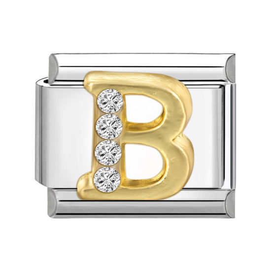 Picture of 1 Piece 304 Stainless Steel Capital Alphabet Initial Letter Name Italian Charm Links For DIY Bracelet Jewelry Making Silver Tone Golden Rectangle Message " B " Clear Rhinestone 10mm x 9mm