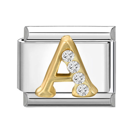 Picture of 1 Piece 304 Stainless Steel Capital Alphabet Initial Letter Name Italian Charm Links For DIY Bracelet Jewelry Making Silver Tone Golden Rectangle Message " A " Clear Rhinestone 10mm x 9mm