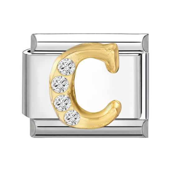 Picture of 1 Piece 304 Stainless Steel Capital Alphabet Initial Letter Name Italian Charm Links For DIY Bracelet Jewelry Making Silver Tone Golden Rectangle Message " C " Clear Rhinestone 10mm x 9mm