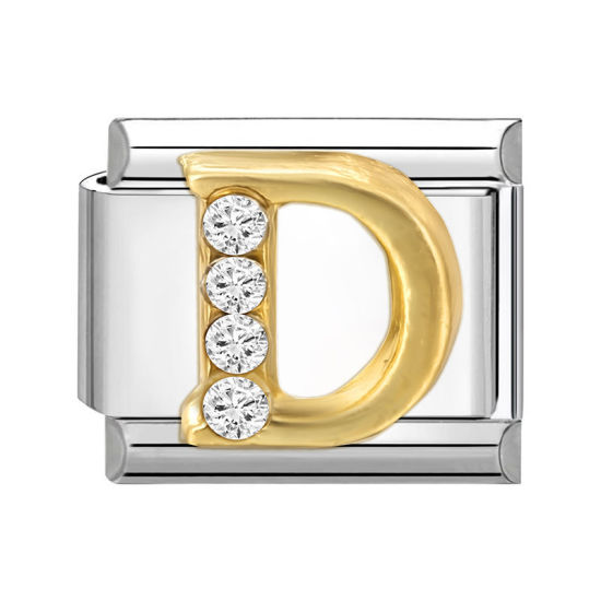 Picture of 1 Piece 304 Stainless Steel Capital Alphabet Initial Letter Name Italian Charm Links For DIY Bracelet Jewelry Making Silver Tone Golden Rectangle Message " D " Clear Rhinestone 10mm x 9mm