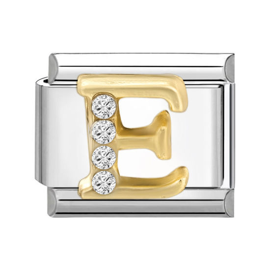 Picture of 1 Piece 304 Stainless Steel Capital Alphabet Initial Letter Name Italian Charm Links For DIY Bracelet Jewelry Making Silver Tone Golden Rectangle Message " E " Clear Rhinestone 10mm x 9mm