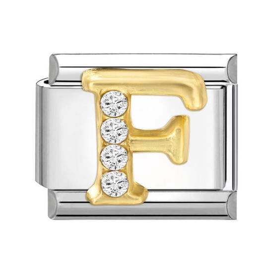 Picture of 1 Piece 304 Stainless Steel Capital Alphabet Initial Letter Name Italian Charm Links For DIY Bracelet Jewelry Making Silver Tone Golden Rectangle Message " F " Clear Rhinestone 10mm x 9mm