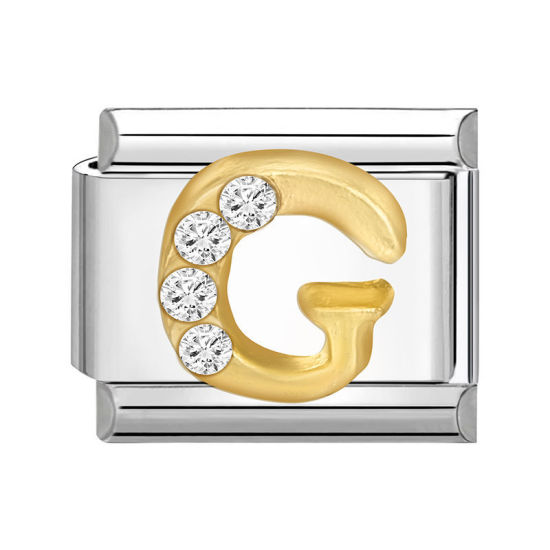 Picture of 1 Piece 304 Stainless Steel Capital Alphabet Initial Letter Name Italian Charm Links For DIY Bracelet Jewelry Making Silver Tone Golden Rectangle Message " G " Clear Rhinestone 10mm x 9mm