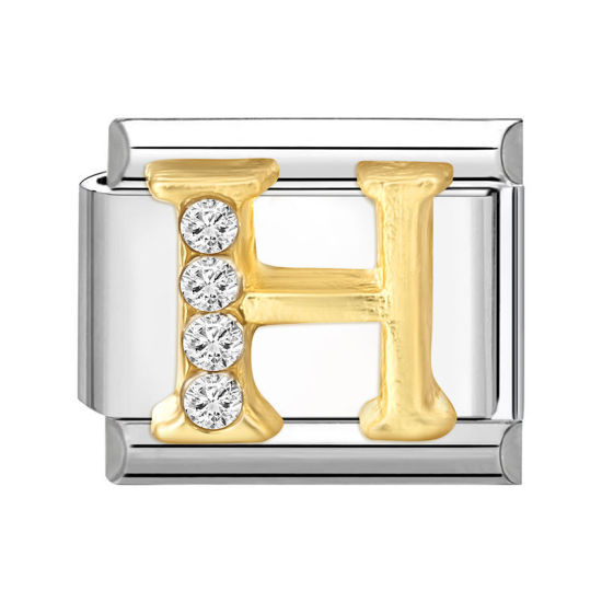 Picture of 1 Piece 304 Stainless Steel Capital Alphabet Initial Letter Name Italian Charm Links For DIY Bracelet Jewelry Making Silver Tone Golden Rectangle Message " H " Clear Rhinestone 10mm x 9mm