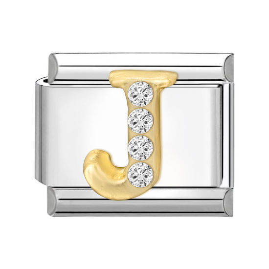 Picture of 1 Piece 304 Stainless Steel Capital Alphabet Initial Letter Name Italian Charm Links For DIY Bracelet Jewelry Making Silver Tone Golden Rectangle Message " J " Clear Rhinestone 10mm x 9mm
