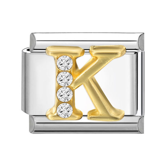 Picture of 1 Piece 304 Stainless Steel Capital Alphabet Initial Letter Name Italian Charm Links For DIY Bracelet Jewelry Making Silver Tone Golden Rectangle Message " K " Clear Rhinestone 10mm x 9mm