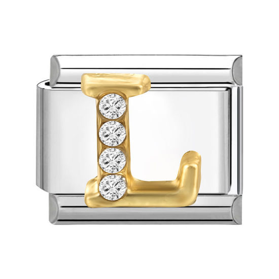 Picture of 1 Piece 304 Stainless Steel Capital Alphabet Initial Letter Name Italian Charm Links For DIY Bracelet Jewelry Making Silver Tone Golden Rectangle Message " L " Clear Rhinestone 10mm x 9mm